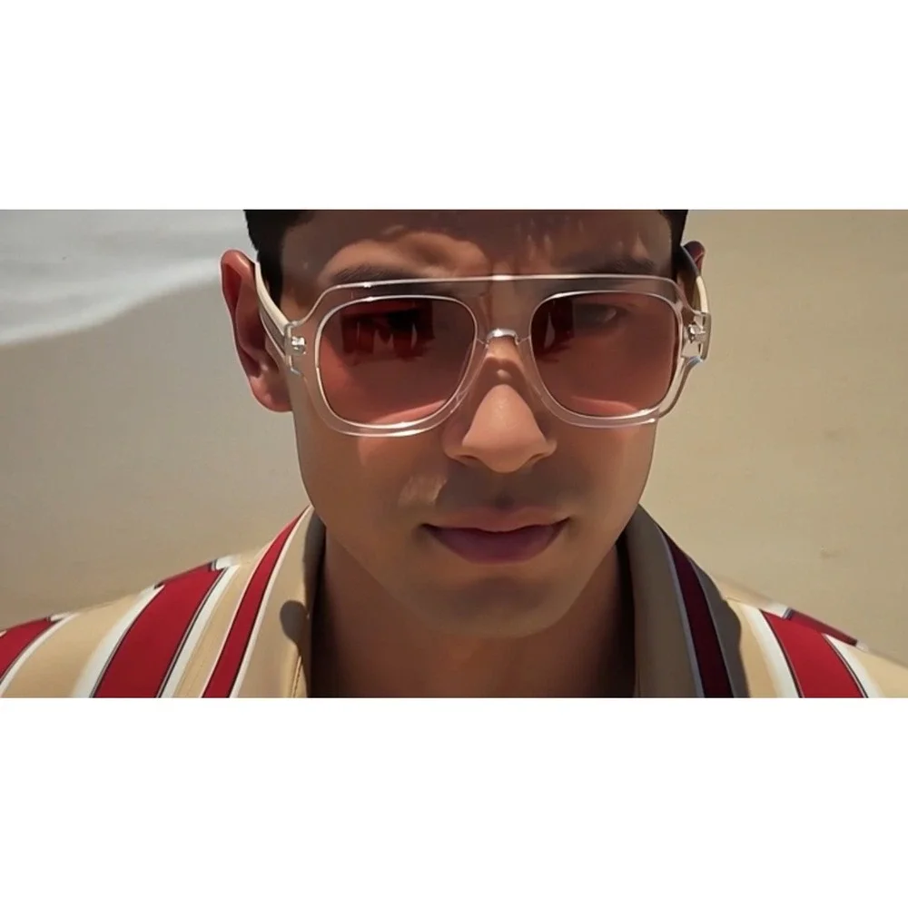 Clear‎ Frame Sunglasses Pink Lens Striped Temple Accents Men Women Shades Large